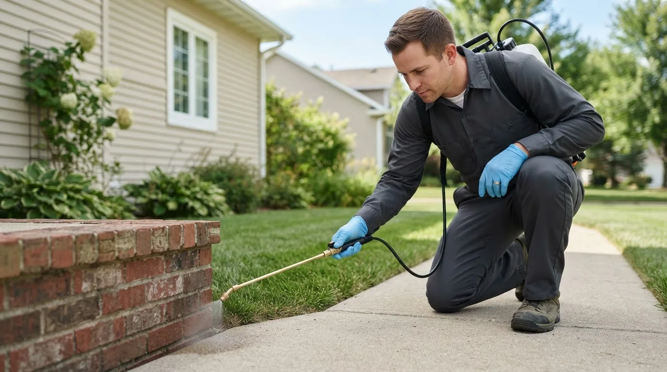 Pest control technician treating a home near Allouez, MI