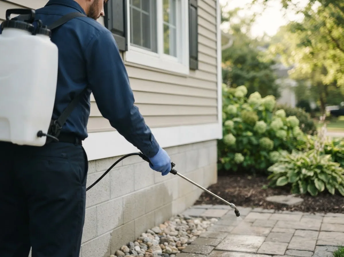 Pest control technician inspecting a home in Allouez, MI